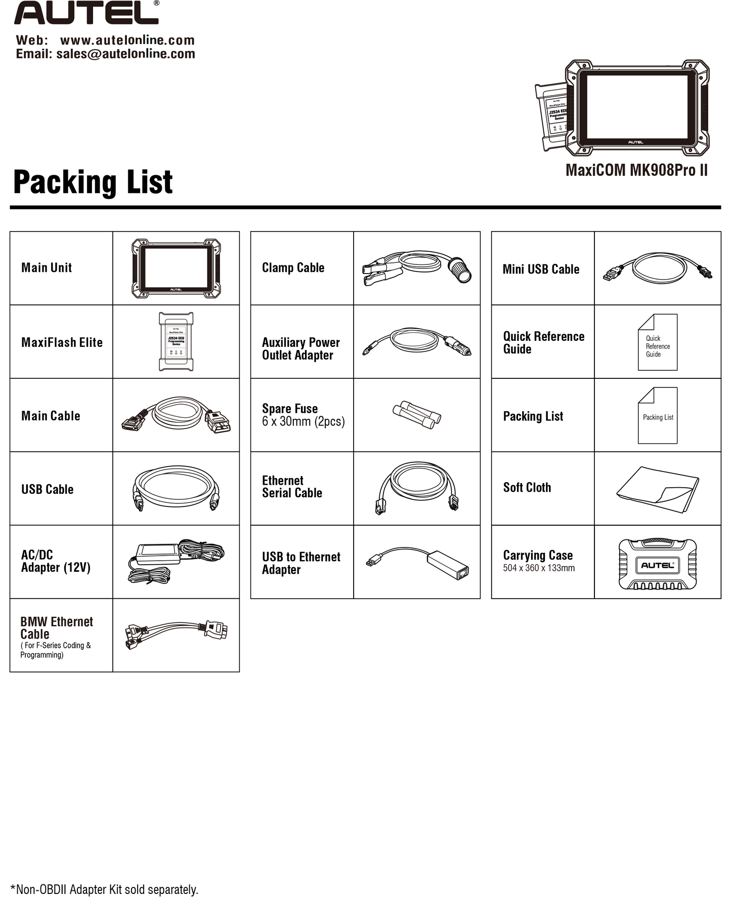 Autel MaxiCOM MK908 Pro II accessories and adapters