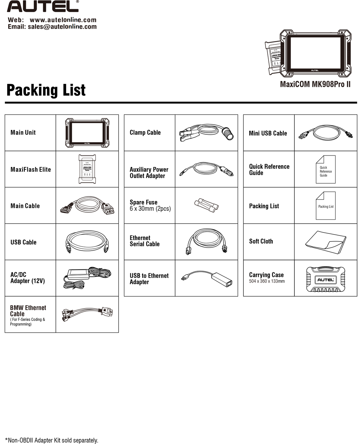Autel MaxiCOM MK908 Pro II accessories and adapters