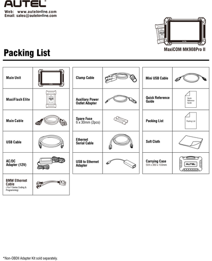 Autel MaxiCOM MK908 Pro II accessories and adapters